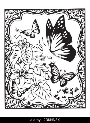 Above the flowers with leaves are butterfly motifs. Around it is an ornamental frame on a white background Stock Vector