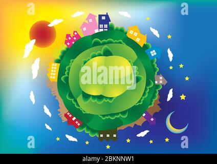 Vector illustration of a global scene with houses and building, day and night. Stock Vector