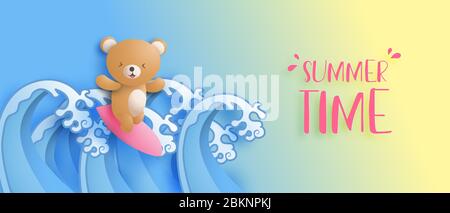 Summer time banner with the cute bear is surfing on ocean wave in paper cut style. Digital craft paper art. Promotion shopping advertisement poster. S Stock Vector
