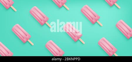 Realistic pink ice cream pattern on green background. Summer season banner or background for shopping promotion advertisement. Stock Vector
