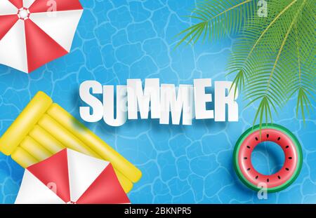 Summer banner or poster. Swimming pool with palm, umbrella, inflatable rubber bed, swim ring and on water. Top view. Shopping promotion template for s Stock Vector