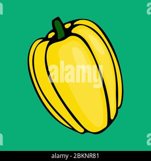 Vector hand drawn cartoon illustration of yellow bell pepper. Sketch of farm and garden vegetable, harvesting season. Icon isolated on green background Stock Vector