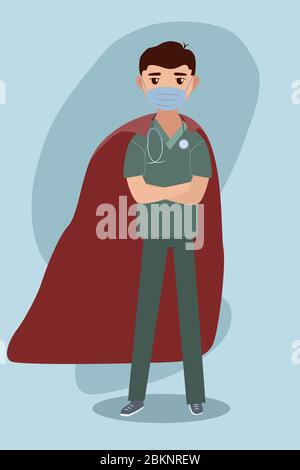 Flat cartoon art with doctor in face mask and superhero cloak for medical design. Health care character concept. Vector illustration. Stock Vector