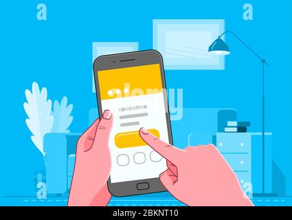 Man uses an internet application using smartphone. Vector illustration Stock Vector