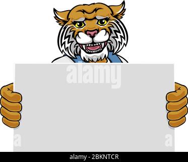 Wildcat Cartoon Mascot Handyman Holding Sign Stock Vector