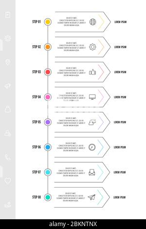 Infographic arrows with eight steps, icons. Line vector template. Can be used for diagram, business, web, banner, workflow layout, presentations, flow Stock Vector