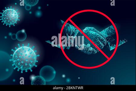 Stop coronavirus handshake 3D low poly render. Prevention infection virus influenza flu pneumonia. Avoid distance technology medicine vector Stock Vector