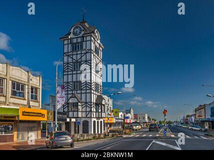 Shops, Glockenspiel clock tower on Broadway in Stratford, Taranaki Region, North Island, New Zealand Stock Photo
