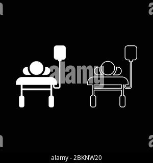 Patient lying on medical bed couch with dropper Man with dropping bottle Emergency therapy concept injecting resuscitation Intensive care icon Stock Vector