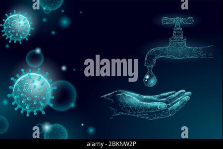 Stop coronavirus wash hands 3D low poly render. Prevention infection virus influenza flu pneumonia. Water cleaning technology medicine vector Stock Vector