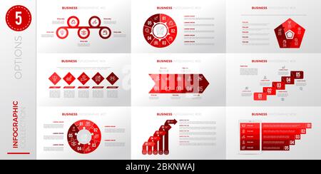 Infographic business template with 5 options. Red color version. Stock Vector