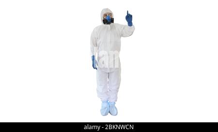 Doctor or scientist in hazard suit presenting something pointing imaginary objects on the sides on white background. Stock Photo