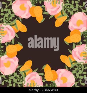 Pink peony, yellow dandelion and green leaf frame. Vector floral design card. Flower bouquet decoration. Stock Vector