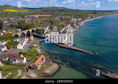Aerial view of village of Lower Largo in Fife, during covid-19 lockdown, Scotland, UK