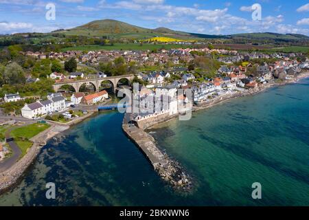 Aerial view of village of Lower Largo in Fife, during covid-19 lockdown, Scotland, UK