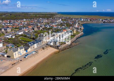 Aerial view of village at Elie in East Neuk of Fife, during Covid-19 lockdown , Scotland, UK Stock Photo