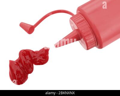 Tomato ketchup with typical red plastic squeeze bottle. Closeup. Isolated on white background. Stock Photo