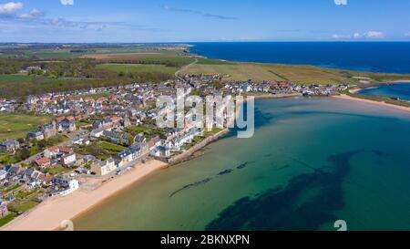 Aerial view of village at Elie in East Neuk of Fife, during Covid-19 lockdown , Scotland, UK Stock Photo