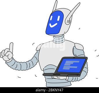 Illustration of a robot with a laptop. Vector. Cartoon android developer. Mascot of the company. Data protection. Online programming. Stock Vector