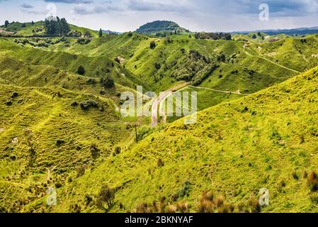 View from Tahora Saddle, old railway tracks, Forgotten World Highway (SH43), Manawatu-Wanganui Region, North Island, New Zealand Stock Photo