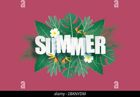 Hello summer banner with tropical leaves and text in paper cut style. Digital craft paper art summer background, wallpaper, backdrop. Stock Vector