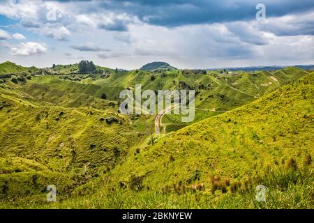 View from Tahora Saddle, old railway tracks, Forgotten World Highway (SH43), Manawatu-Wanganui Region, North Island, New Zealand Stock Photo