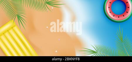 Summer time banner with realistic swim ring and inflatable mattress. Top view. Shopping promotion for summer season. 3D summer wallpaper. Stock Vector