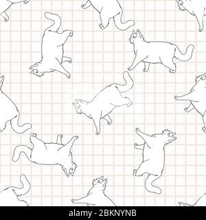 Cute cartoon monochrome British shorthair cat seamless vector pattern. Pedigree lineart kitty breed domestic kitty background. Cat lover English Stock Vector