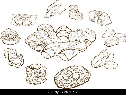 Outline version of Circle shape composition from hand drawn bread. Rich coloured vector illustration for bakery shops. Bread poster composition concep Stock Vector
