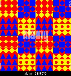 Geometric tile background, bauhaus color seamless pattern with circles, squares and triangles, fashion modern print with different shapes, swiss design, vector abstract mosaic Stock Vector