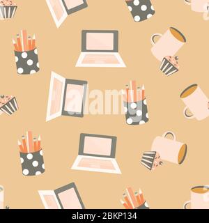Vector cute cartoon laptop seamless pattern background. Pencils, cupcakes, coffee cup monochrome peach color backdrop. Fun office equipment Stock Vector