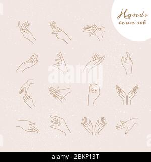 A large vector set of linear hand icons in different variations and positions and showing various gestures Stock Vector