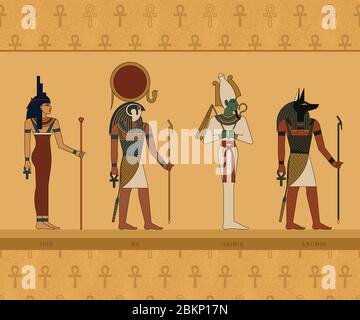 Illustrations of the gods of ancient Egypt. Isis, Ra, Osiris and Anubis ...