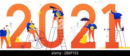 Office staff are preparing to celebrate the new year 2021. Vector. Characters businessmen are preparing for the holiday. Summing up the outgoing year. Stock Vector