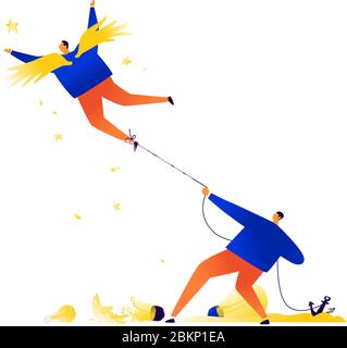 Businessman holds on leash a creative flying angel. Vector. Stop and restriction. A metaphor captured by stereotypes. Pressure from superiors to subor Stock Vector