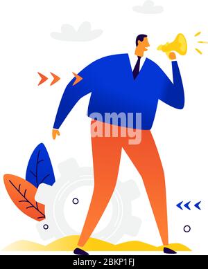 Businessman speaks on a megaphone. Vector. Advertising agent PR products and services. Attention to the event and affairs. Alert population with news. Stock Vector