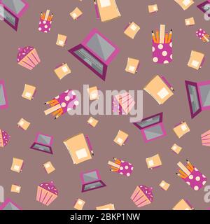 Vector cute cartoon laptop seamless pattern background. Pencils, cupcakes, notebooks on mauve backdrop. Hand drawn fun office equipment illustration Stock Vector