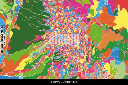 Colorful vector map of Bucaramanga, Colombia. Art Map template for selfprinting wall art in landscape format. Stock Vector