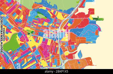 Colorful vector map of South San Francisco, California, USA. Art Map template for selfprinting wall art in landscape format. Stock Vector