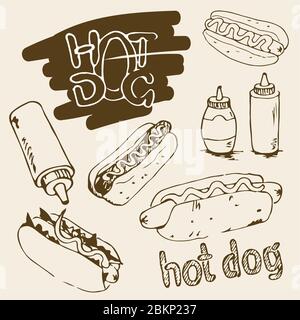 Hot Dog hand drawn illustrations. Fast food design elements, sketches of hotdogs with sauce and mayonnaise. Plastic bottles with sauce and mayonnaise. Stock Vector