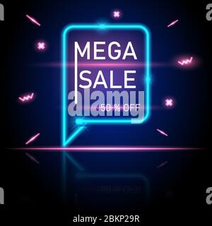 Mega sale promotion glowing light blue and pink banner with reflection and shiny memphis element. Stock Vector