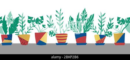 Potted plants seamless vector border. Repeating pattern with colorful plant pots in gold, red, blue. Design for fabric trim, ribbon, card decor, duct Stock Vector