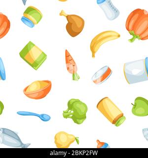 Seamless pattern with baby food items. Stock Vector