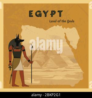 The ancient Egyptian god Anubis painted against the background of the map of Egypt with pyramids. Stock Vector