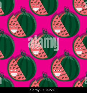 seamless cartoon character watermelon on pink background. Vector image Stock Vector