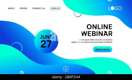 Online webinar liquid landing page template. Vector blue fluid background for business conference announcement web page Stock Vector