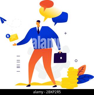 A businessman with a briefcase sends and receives a letter. Vector. Business correspondence and contacts with business partners. Chatting. Corresponde Stock Vector