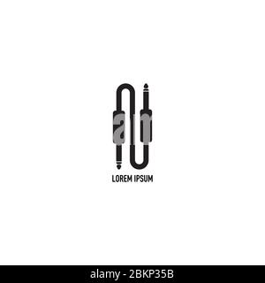 cable jack logo concept. Audio wave logo design template. Isolated, Audio equipment, sound system, instrument. Black and White Stock Vector