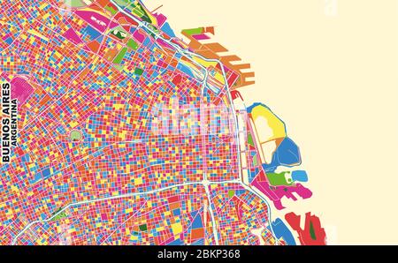 Colorful vector map of Buenos Aires, Argentina. Art Map template for selfprinting wall art in landscape format. Stock Vector
