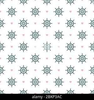 Ship helm vector seamless pattern. Helm, steering wheel and hearts seamless texture. Steering wheel and heart symbols seamless pattern. Stock Vector